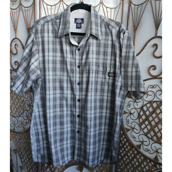 Authentic Dickies Mens Plaid Button Up Short‎ Sleeve Shirt Cotton Gray Size XL - Picture 2 of 11
